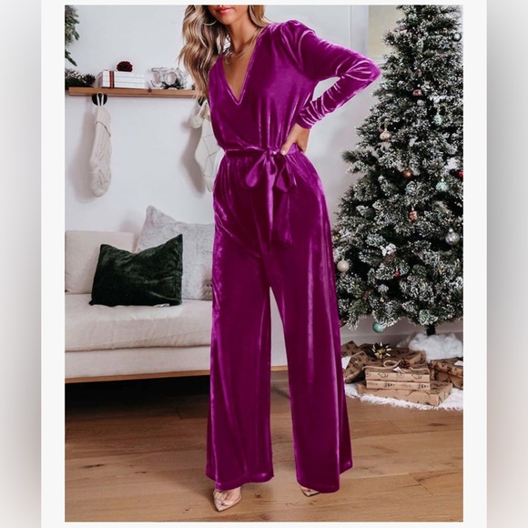 Fashion Chic Velvet V-Neck Jumpsuit in Rich Purple NEW WITHOUT TAGS - Picture 1 of 11